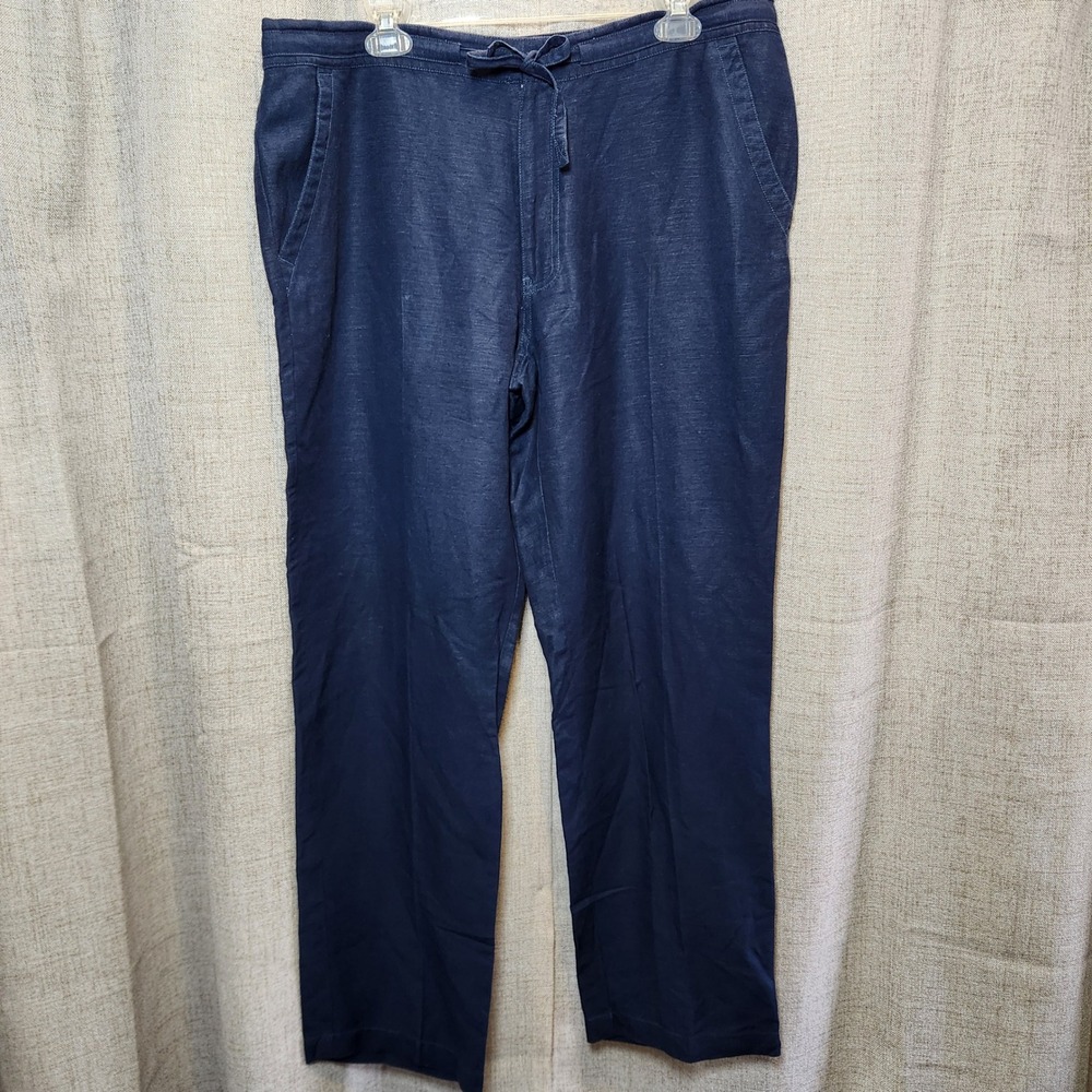 Cubavera Linen Blend Pants Men's LG‎ Navy Blue Drawstring Pockets Casual Relaxed